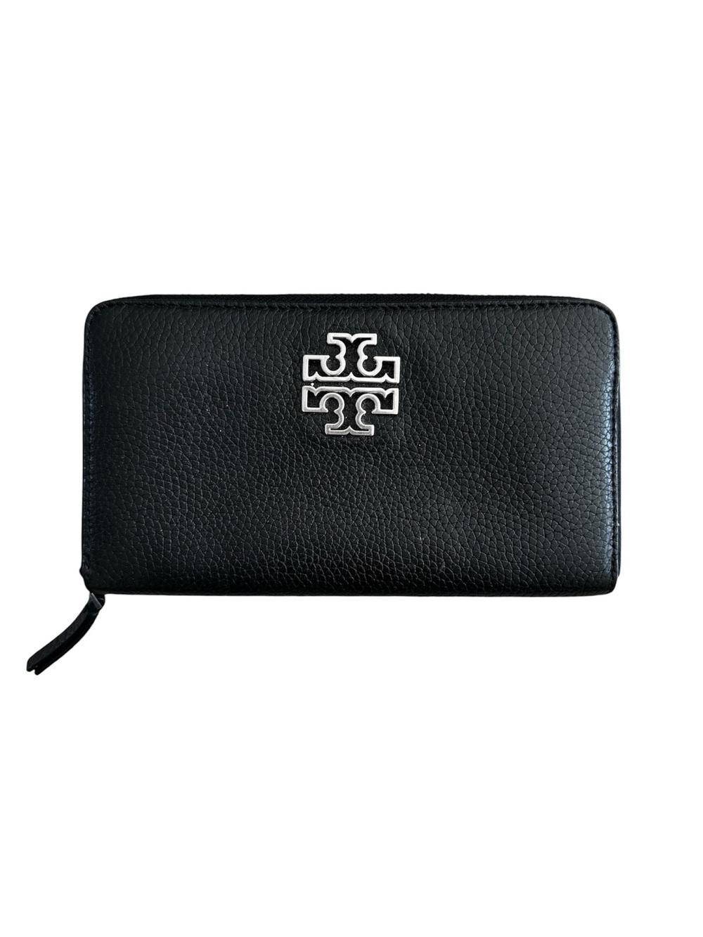 Tory Burch Black Pebbled Leather Zip Wallet with Silver Logo